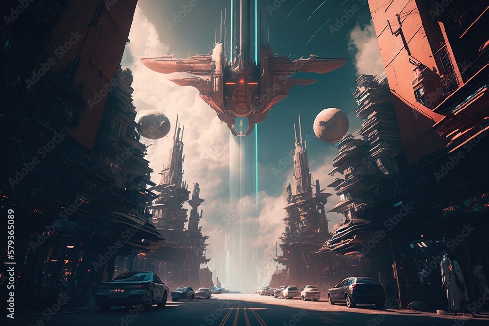 Poster hyper-dimensional navigating through a sci-fi cityscape generative ai