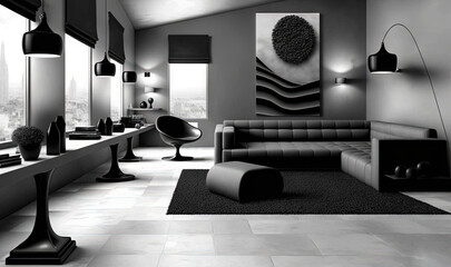  a black and white photo of a living room with a couch.  generative ai