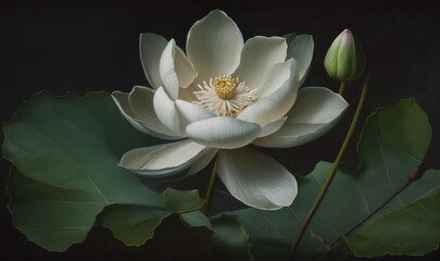  a white flower with green leaves on a black background with a yellow center.  generative ai