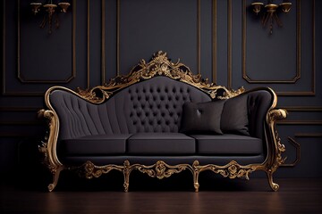 Black gold sofa with a vintage feel against black walls. Generative AI, Generative, AI