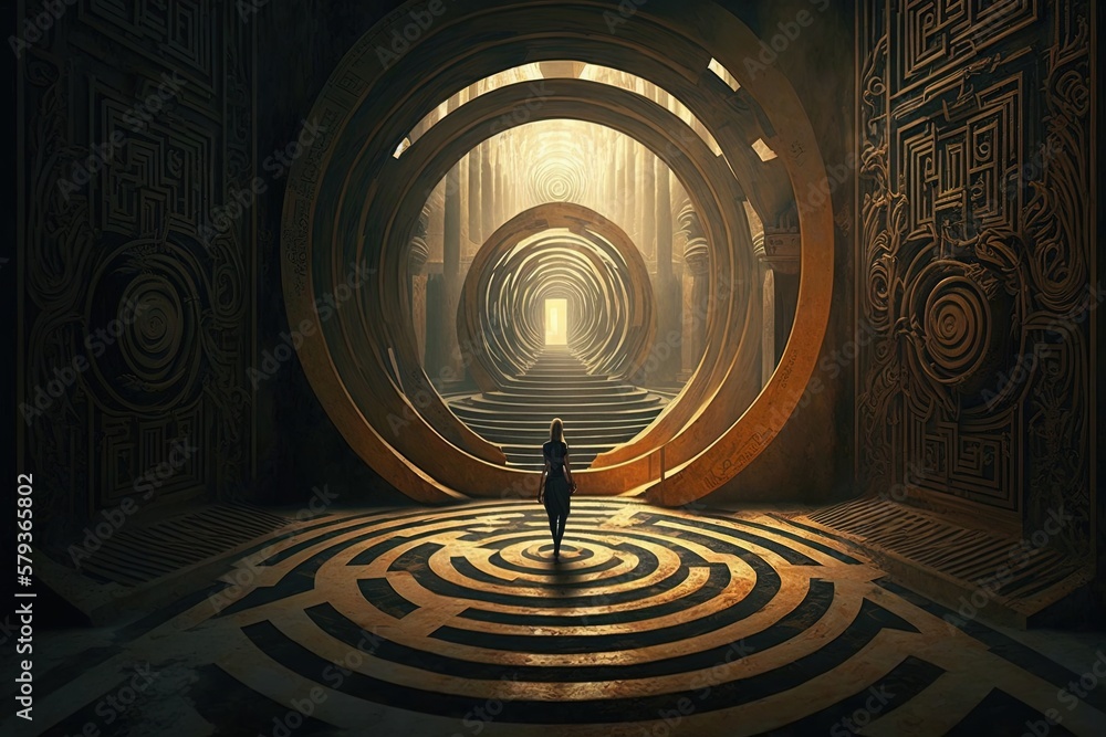 Poster wandering through timeless labyrinths of mythological alchemy generative ai