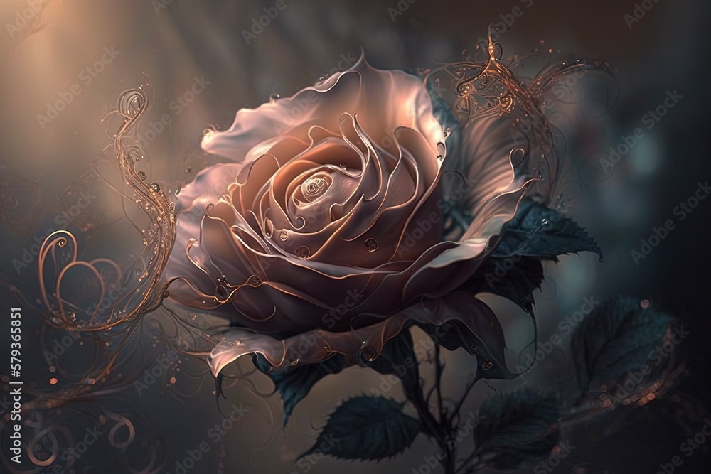 Poster whispers of magic from the hazy petals of a captivating fantasy rose generative ai