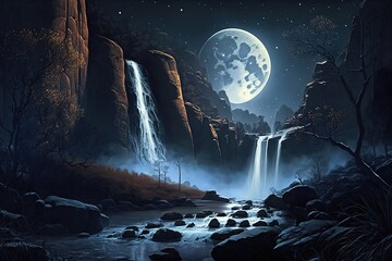 Waterfalls of Moonlight Over Deeply Wooded Valleys Generative AI