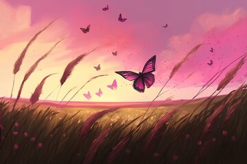 Obraz na płótnie Canvas Waving Meadows, Fluttering Butterflies, and Magenta Skies Generative AI
