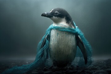 Conceptualization of marine plastic pollution and the need to conserve natural resources a penguin caught in a plastic net. Generative AI