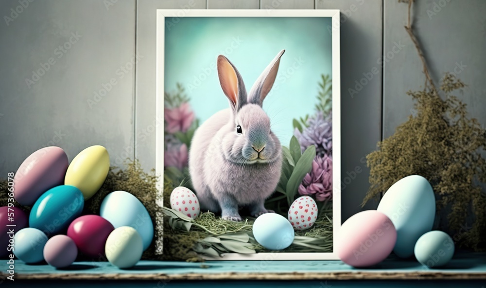 Poster a picture of a bunny sitting in a nest with eggs. generative ai