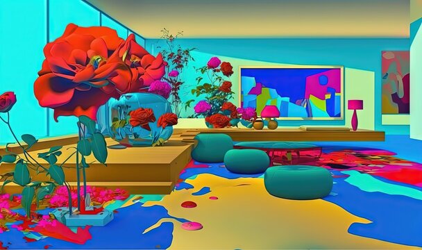  a painting of a room filled with flowers and a vase of flowers.  generative ai