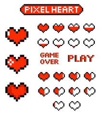 Pixel heart set game life bar icon, 8 bit vector illustration for computer game. Web button, 