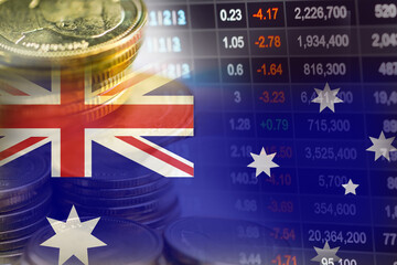 Stock market investment trading financial, coin and Australia flag or Forex for analyze profit finance business trend data background.