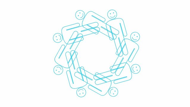Animated blue line smile people circle ornate. Decorative element from symbols of people turn around. Concept of social, teamwork, connection, communication, society. Looped video. Vector illustration