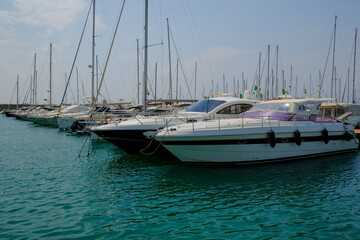 boats and yachts in the harbor of Lavagna, Liguria, Italy on a sunny day