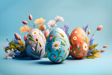 Colorful Easter eggs with flowers on light blue background. Generative AI illustration