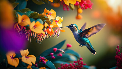 Hummingbird flying to pick up nectar from a beautiful flower. Digital ai artwork - obrazy, fototapety, plakaty