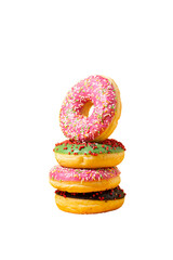 Delicious donuts isolated. Modern food concept. Advertising for pastry shops, cafes.	