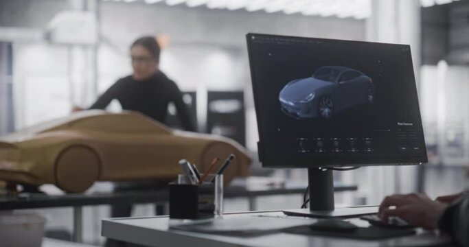 Automotive Designer and Modeler Working as a Team on Creating a Futuristic Car in a Studio. Engineer Working on Digital Render on Desktop Computer, Female Sculptor Creating a 3D Clay Model