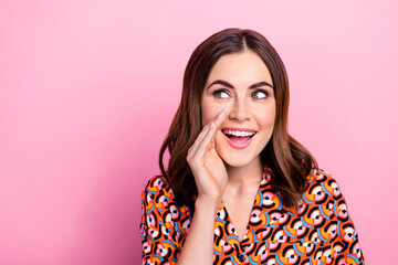 Photo portrait of pretty young girl cover mouth share secret excited dressed stylish print garment...