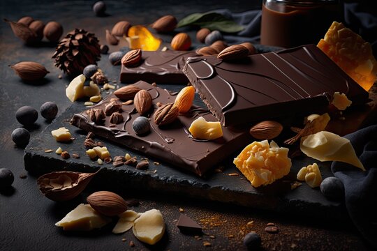 Chocolate bars, caramel, nuts, and nougat on a slate board, up close. Generative AI