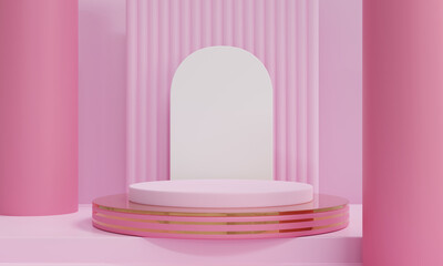 3D render Geometric shapes with Pastel colors background.  Pink background.