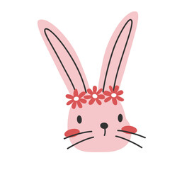 Hand drawn cute cartoon illustration of small rabbit face in a wreath. Flat vector spring animal, Easter sticker in colored doodle style. Bunny, hare character icon or print. Isolated on background.