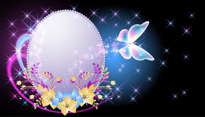 Glowing fairytale round frame with magical transparent butterfly and flowers. Abstract fantastic blue background.