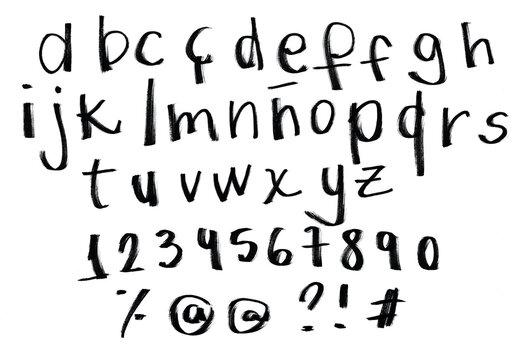 Handwritten alphabet and numbers with marker pen brush. 26 letters a to z. Writing with thick thickness, stripped and relaxed. Hand drawn, graphic resource, layout, design. Complete font, abc type.