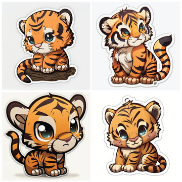 cute Tiger Stickers: Bold and Vibrant Digital Artwork of a Majestic Tiger's Head in a nature Setting, Depicting Piercing Eyes, Sharp Teeth, and Tribal Stripes
