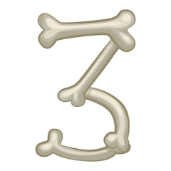 Bone number 3, vector digit three. Cartoon isoled number on white background