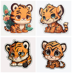 cute Tiger Stickers: Bold and Vibrant Digital Artwork of a Majestic Tiger's Head in a nature Setting, Depicting Piercing Eyes, Sharp Teeth, and Tribal Stripes