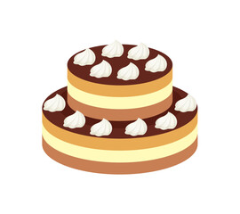 Chocolate cake decorated with whipped cream isolated on white. Vector cartoon flat illustration of dessert.