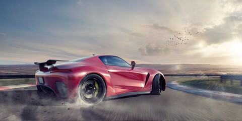 Obraz na płótnie Canvas Generic Red Sports Car Drifting Around Racetrack Corner At Speed