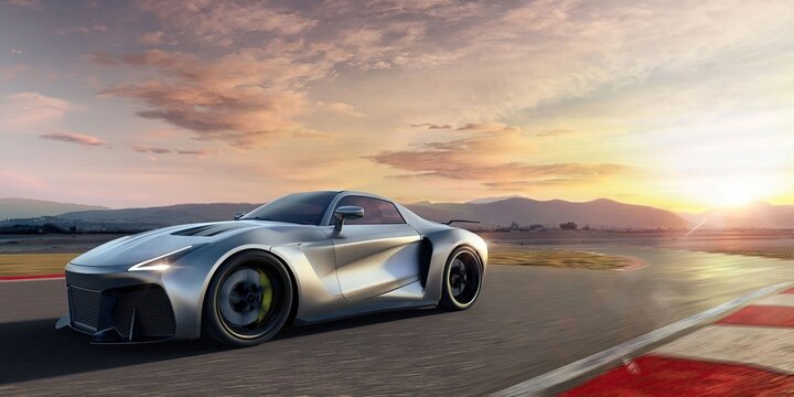 Silver Roadster Sports Car Moving At High Speed Along Racetrack At Dawn