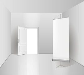 The interior of an empty, bright room with a white door.
Free space for copying 3d vector images.