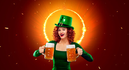 St Patrick Day. Download a photo in high resolution for advertising a beer party in a bar, night club, cafe or restaurant. Sexy oktoberfest woman with beer on red background with copy space. - obrazy, fototapety, plakaty