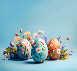 Fototapeta premium Colorful Easter eggs with flowers on light blue background. Copy space. Generative AI illustration