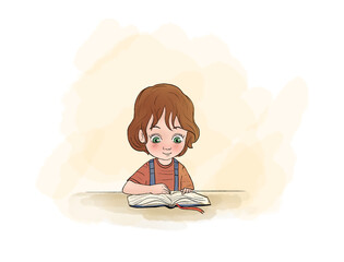 cute little girl reading book watercolor illustration for children