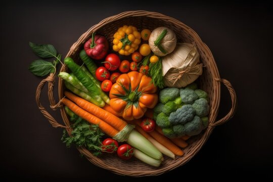 Top down image of a wicker shopping basket containing seasonal veggies. fresh produce from a farm or a nearby market. a variety of young vegetables including potatoes, carrots, zucchini, tomatoes, cau