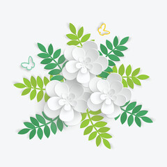 Paper flower with green leaves. White roses, lotus are cut out of paper on a white background.