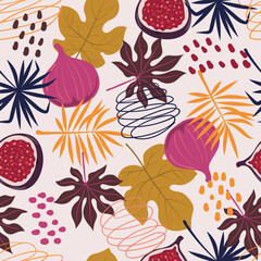 Seamless fig pattern. Whole figs and pieces with tropical leaves. Vector botanical background