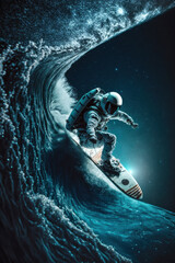 A surreal astronaut surfing on an ocean wave in the middle of outer space.