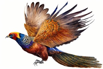 Obraz premium Golden Pheasant Watercolor Flying Pheasant. Isolate on white background.