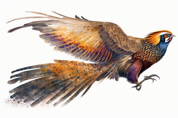 Fototapeta premium Golden Pheasant Watercolor Flying Pheasant. Isolate on white background.