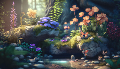Fototapeta na wymiar Fairy forest with bright plants and flowers, generative AI.