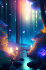 Created with Generative AI illustration of lights in fairy forest - 579372265