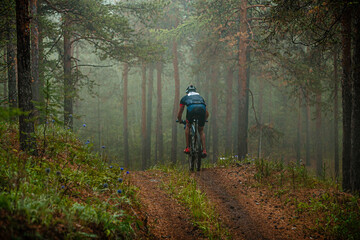 male athlete cyclist biking on forest trail. foggy and mysterious woodland. cross-country cycling race