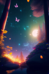Created with Generative AI illustration of lights in fairy forest - 579372280