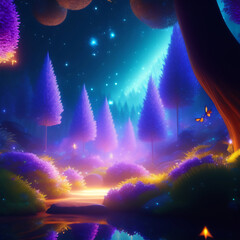 Created with Generative AI illustration of lights in fairy forest - 579372294