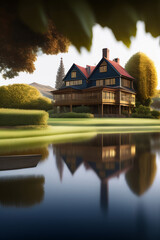 Beautiful mansion, illustration with Generative AI, house on the lake - 579372295