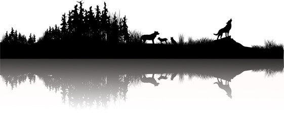 Silhouette eines Rudels Wölfe mit Wald und Wiese - Landschaft, Natur