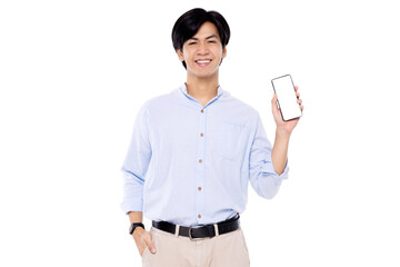 Attractive young smart Asian man using mobile smart phone and showing display screen isolated on...