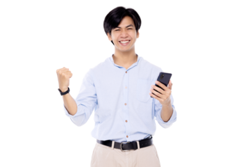 Attractive young smart Asian man using mobile smart phone isolated on transparent background. PNG file format.